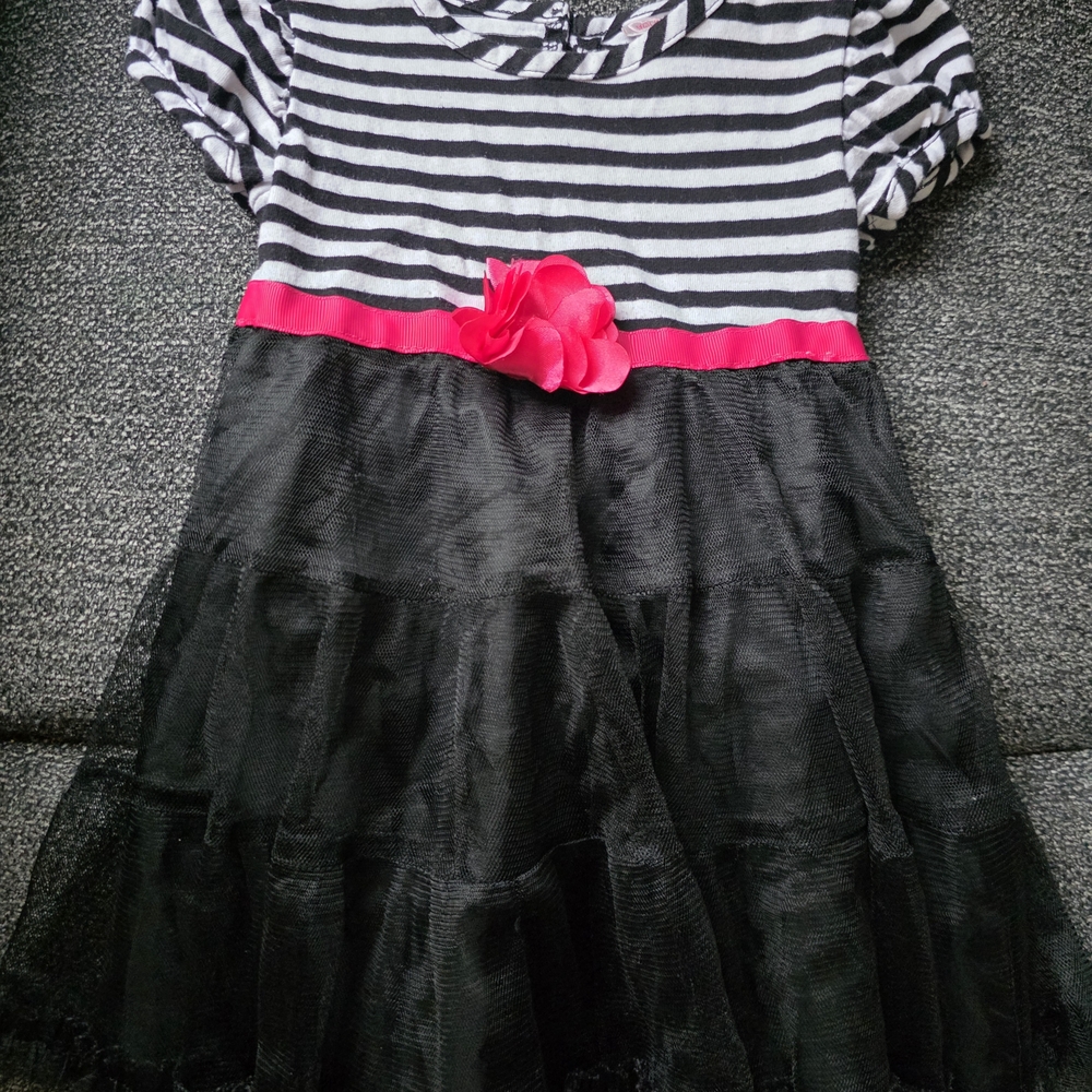 Youngland Black and White Striped Dress with Pink Detail